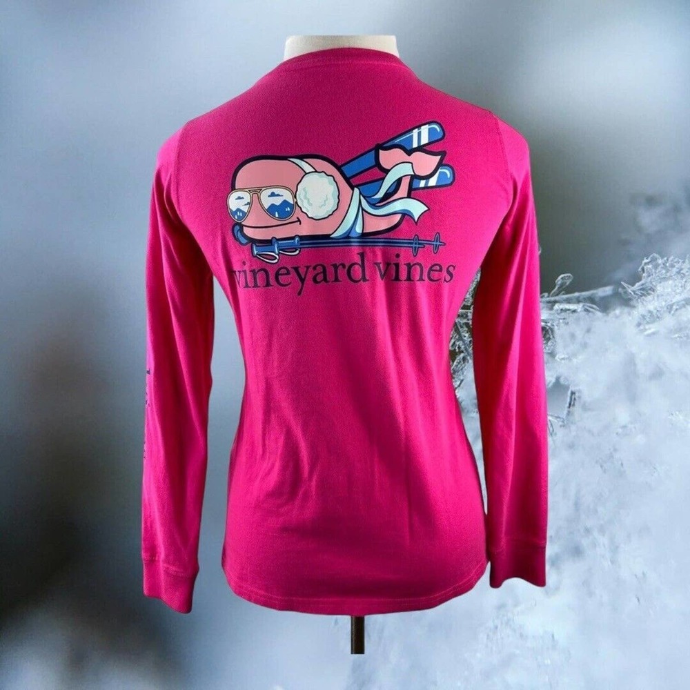 Vineyard Vines Long Sleeve Snow Bunny Whale Pocket Tee Pink Shirt Women's Small - Picture 14 of 14